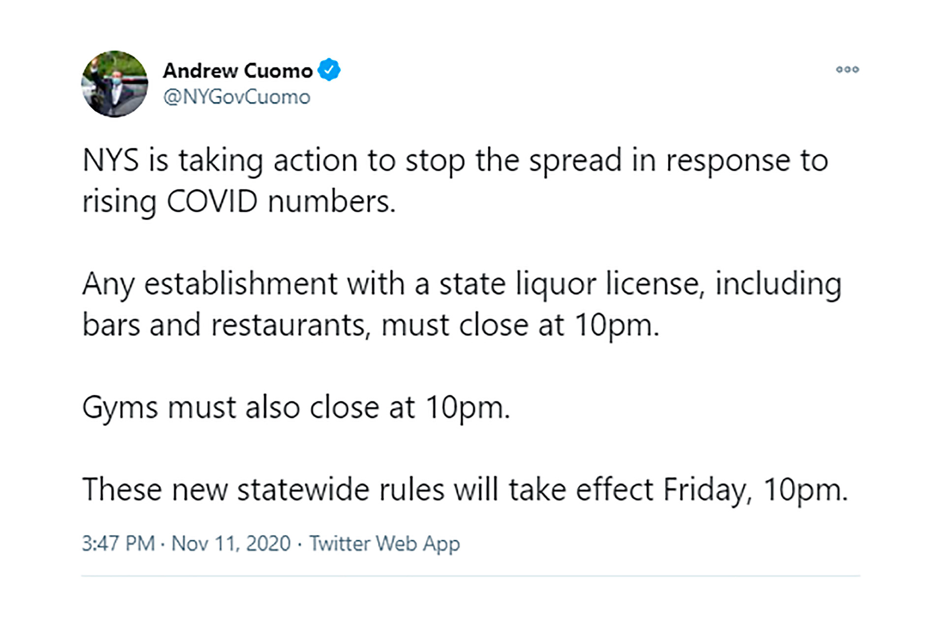 El anuncio de las nuevas medidas en la cuenta del Gobernador Andrew Cuomo