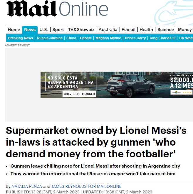 "Supermercado propiedad de los suegros de Lionel Messi es asaltado por sicarios 'que exigen dinero al futbolista'", título el Daily Mail
