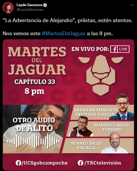 En el "Martes de Jaguar" se presentará un nuevo audio contra Alito Moreno (Foto: Twitter/@LaydaSansores)