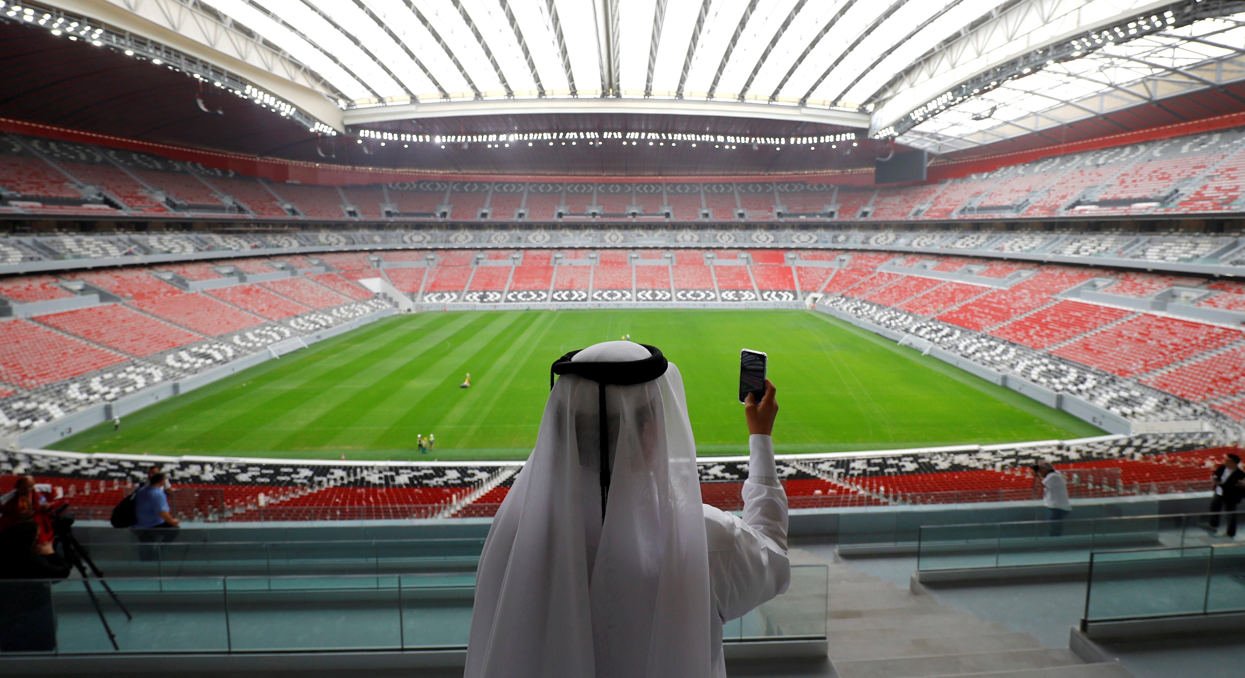FILE PHOTO: A general view shows the Al Bayt stadium, built for the upcoming 2022 FIFA World Cup soccer championship, during a stadium tour in Al Khor, north of Doha, Qatar December 17, 2019.  REUTERS/Kai Pfaffenbach/File Photo