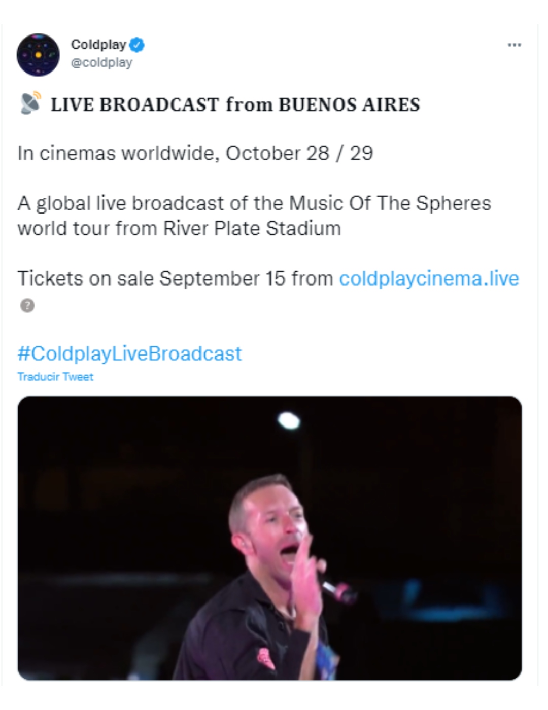 Coldplay anunció que dos de sus conciertos en Buenos Aires serán transmitidos en vivo
