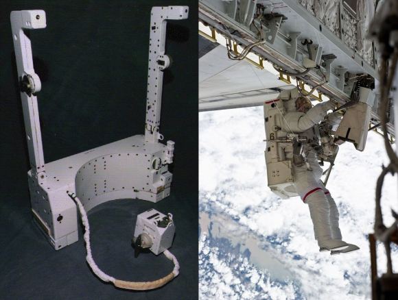 El sistema SAFER y su control (izquierda). El astronauta de la NASA Rick Mastracchio con el sistema SAFER (derecha). ( Dominio público / NASA )