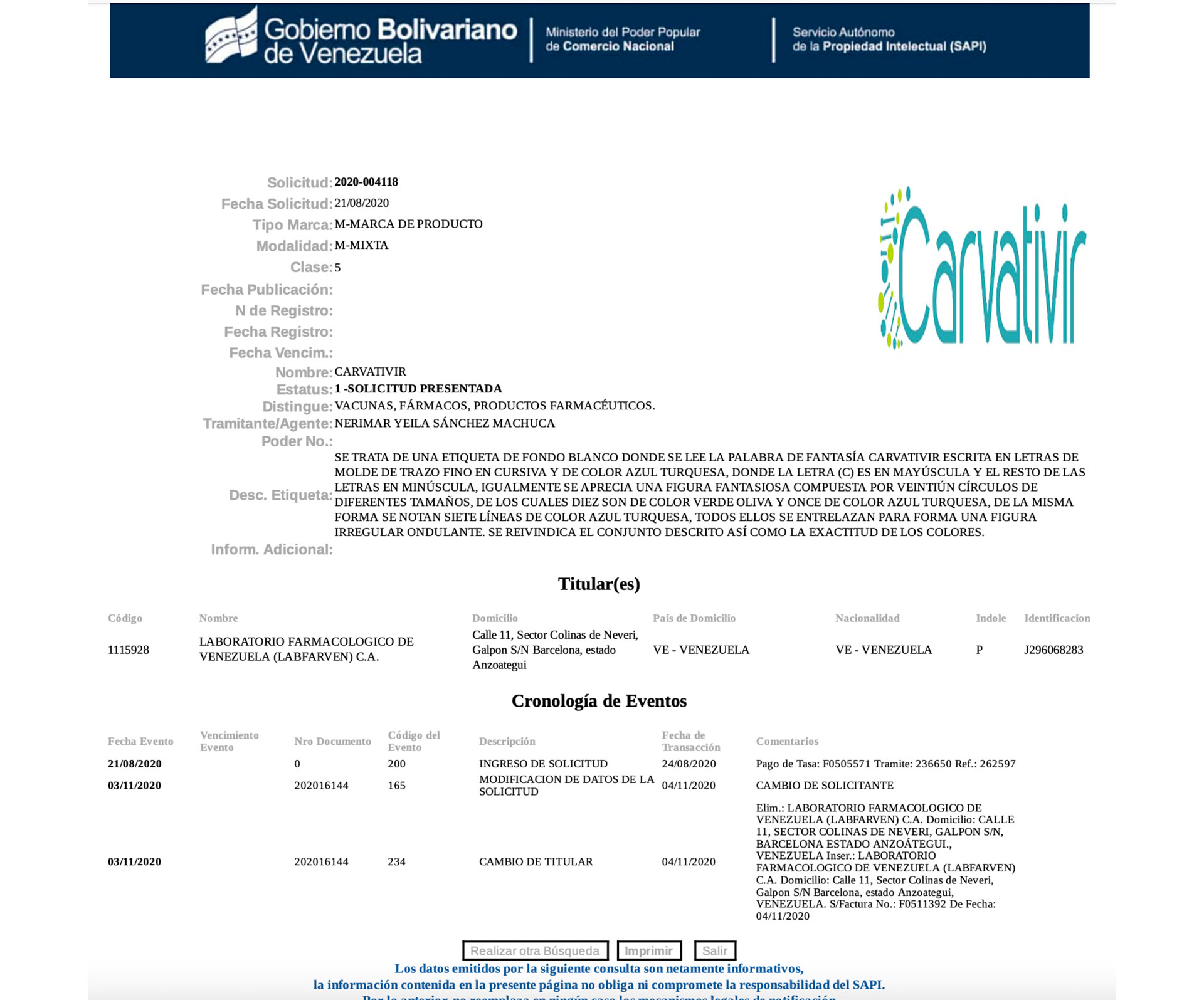 Inscripción y registro del Carvativir ante el Servicio Autónomo de la Propiedad Intelectual (SAPI)