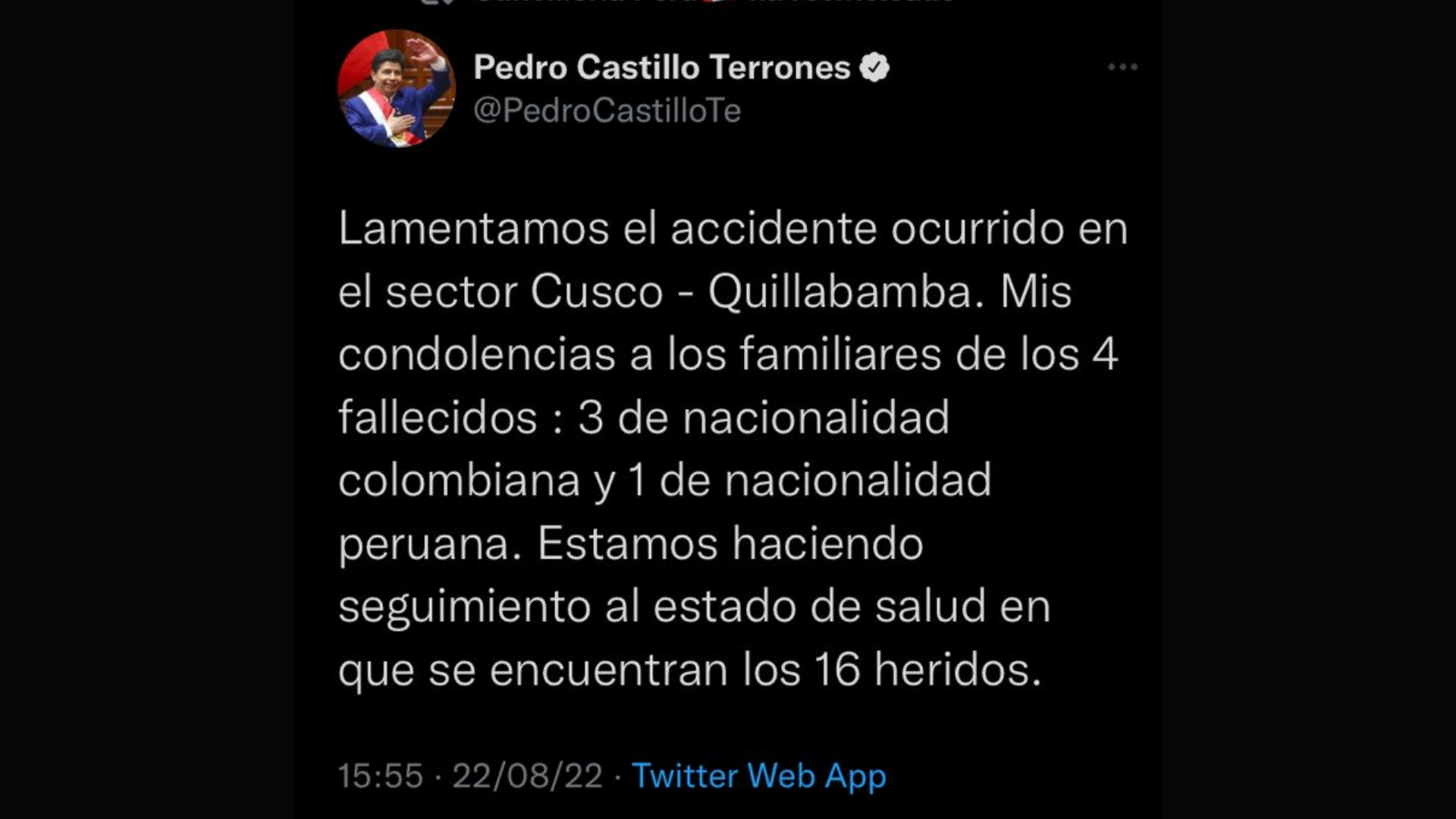 Pedro Castillo speaks about the tragic accident in Cusco.  Photo: Twitter of the President of Peru.