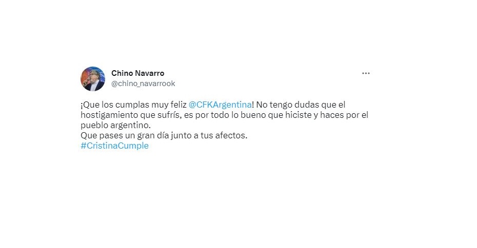Fernando "Chino" Navarro no se quedó afuera de los saludos para Cristina Fernández de Kirchner