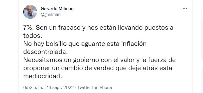 El comentario en las redes sociales de Gerardo Milman sobre el índice de inflación