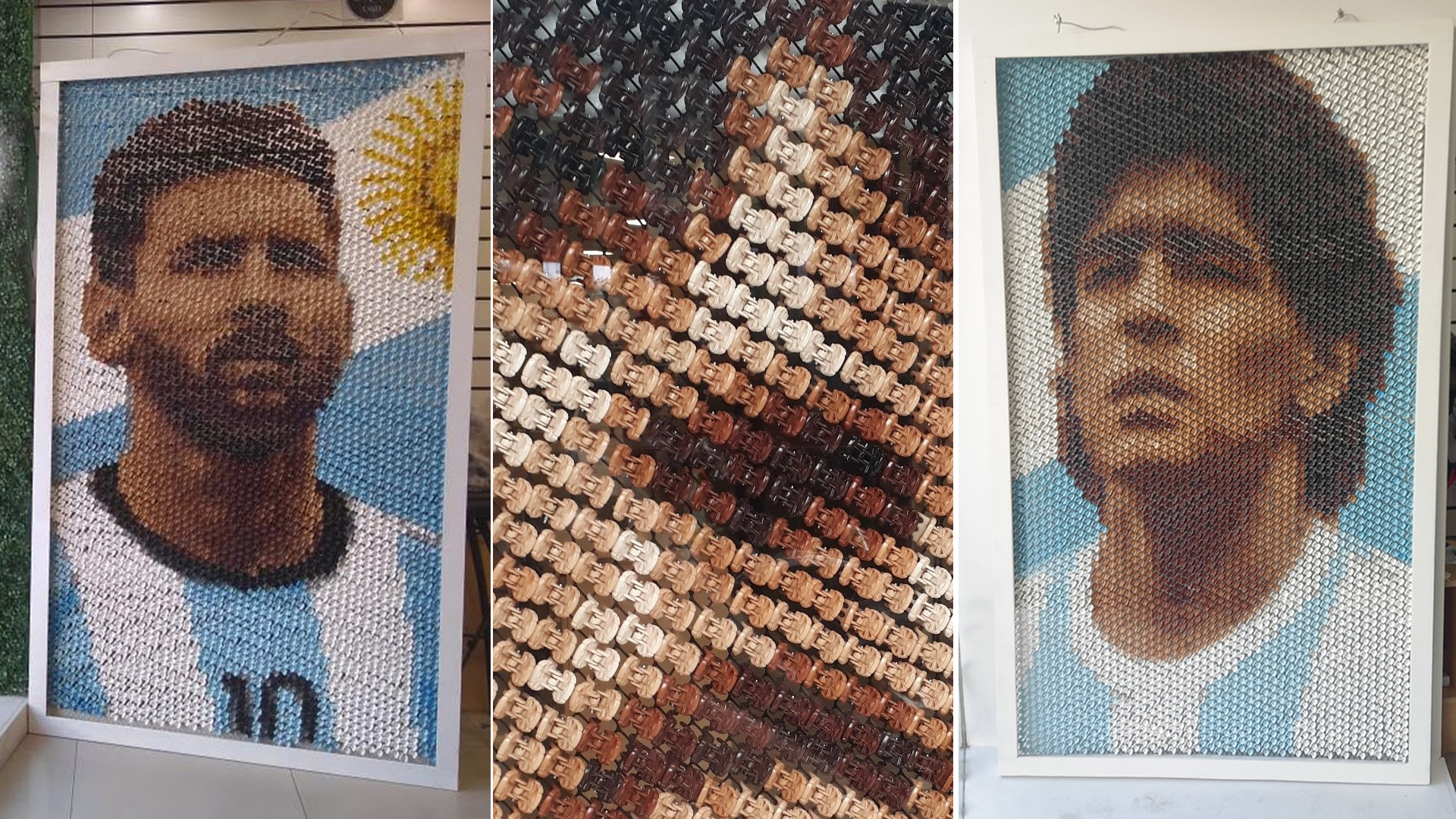 En el centro, un primer plano de los broches que usó Letali para recrear los rostros de Maradona y Messi