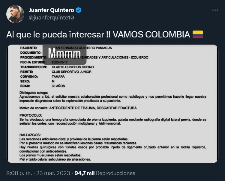 Juan Fernando Quintero compartió los resultados médicos en los que se prueba que no hay lesión grave (@juanferquinte10/Twitter)