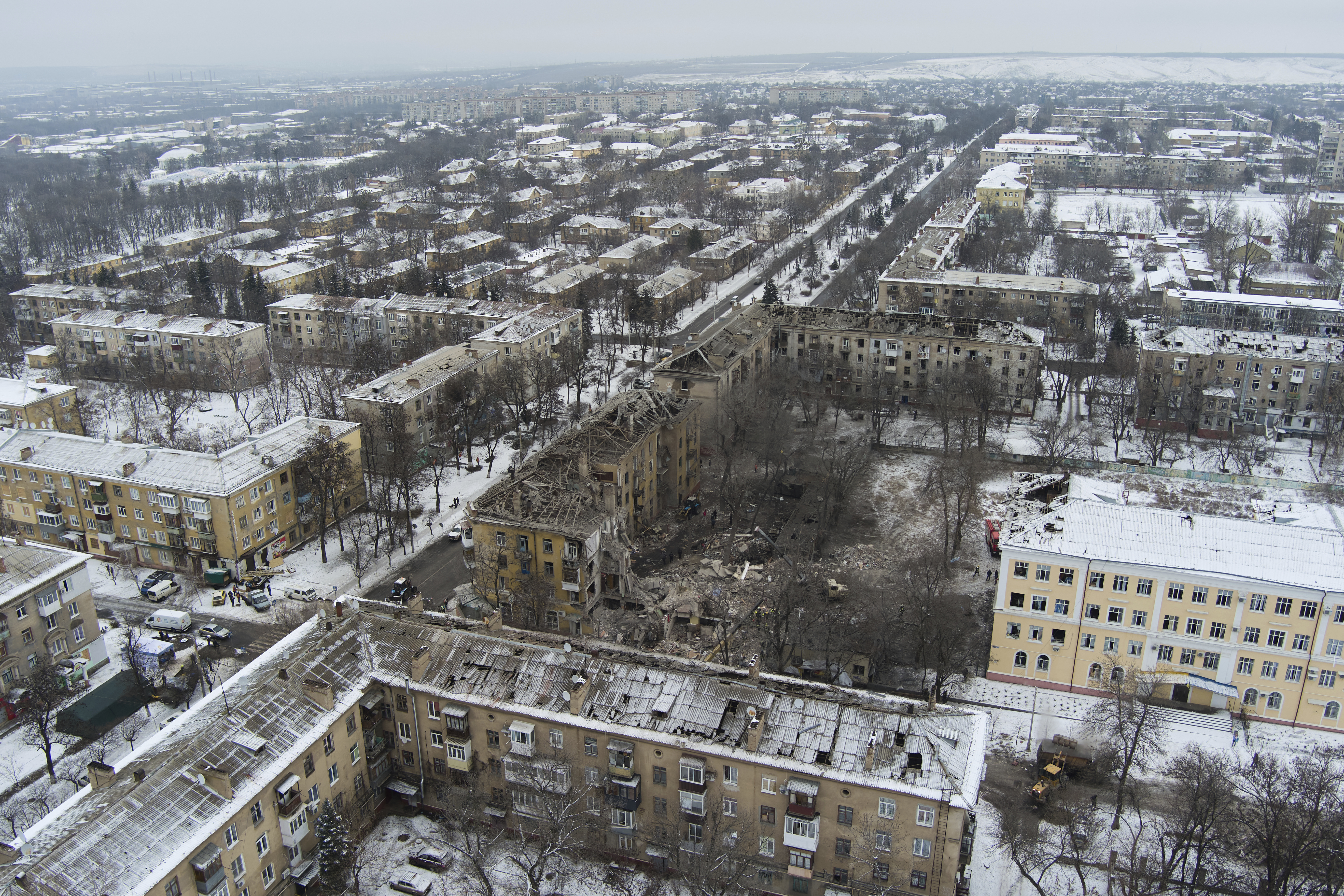 An aerial view of a residential building that was hit by a Russian shell, Thursday, February 2, 2023, in Kramatorsk, Ukraine.  (AP Photo/Yevgen Honcharenko)