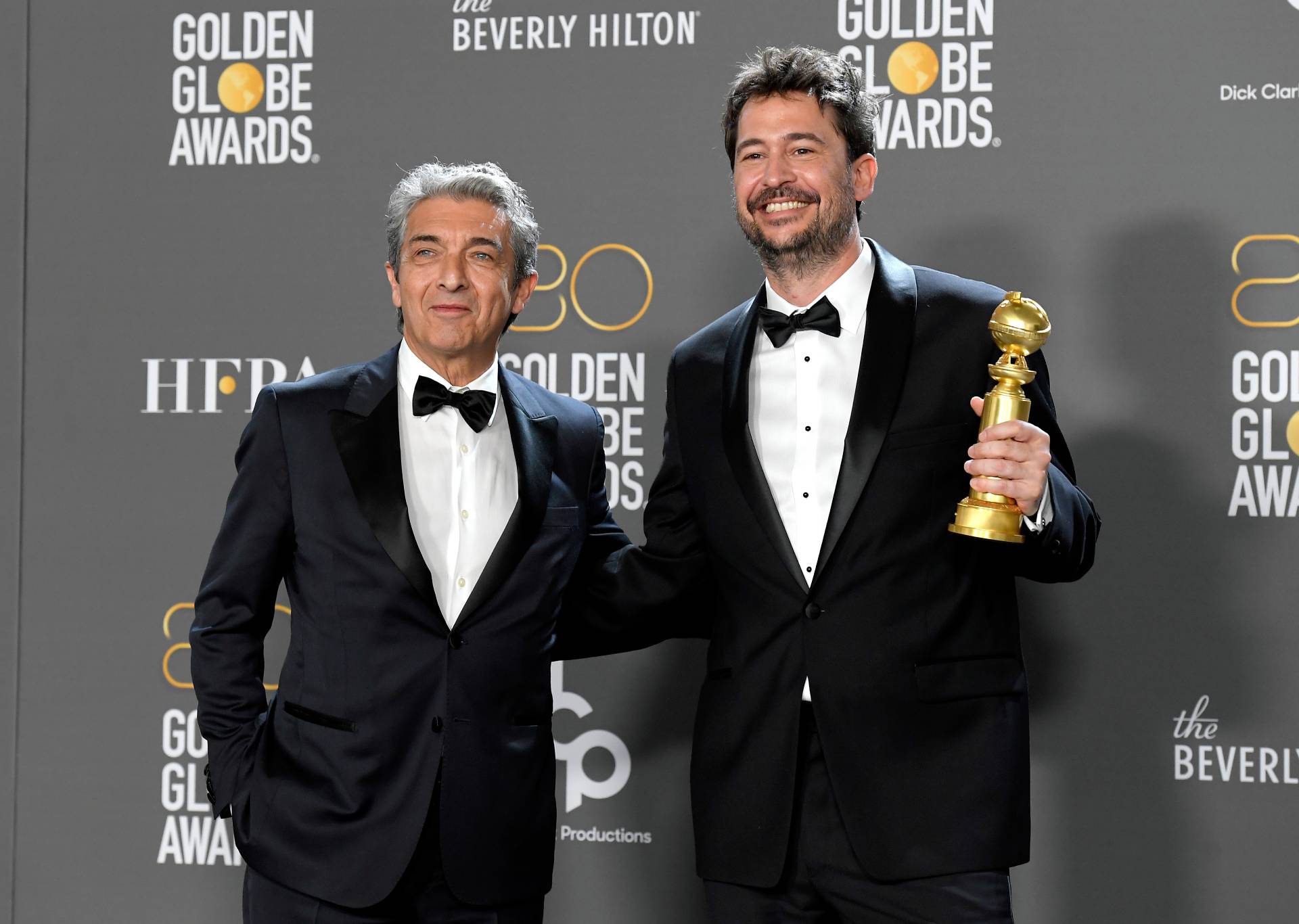 Ricardo Darín and Santiago Miter pose with the award for Best Non-English Language Film for "Argentina, 1985" in the press room at the 80th Annual Golden Globe Awards held at the Beverly Hilton Hotel on January 10, 2023 in Beverly Hills, California