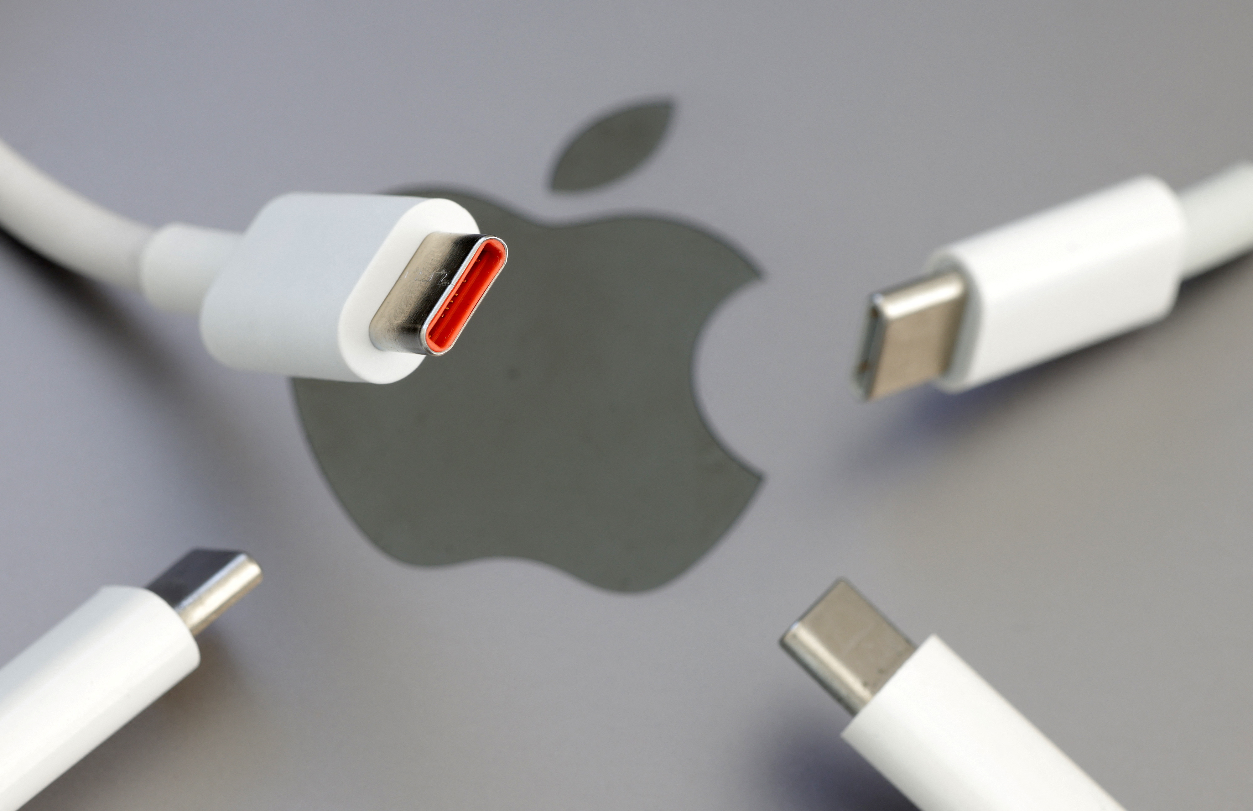 USB-C (USB Type-C) cables are seen near the Apple logo in this illustration taken October 27, 2022. REUTERS/Dado Ruvic/Illustration