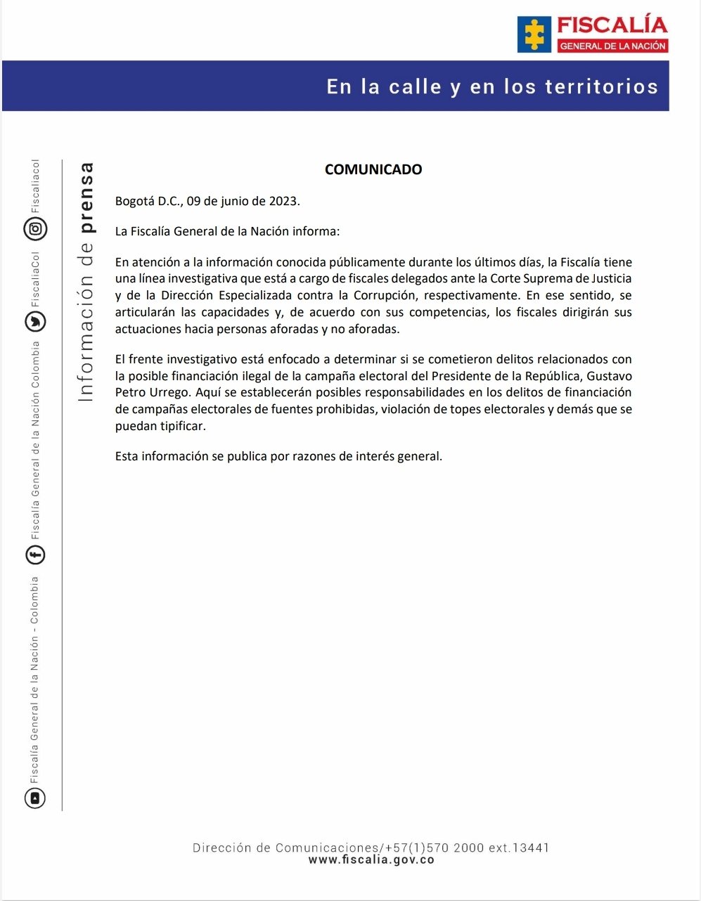 La Fiscalía anunció que investigará a la campaña de Gustavo Petro. Twitter.