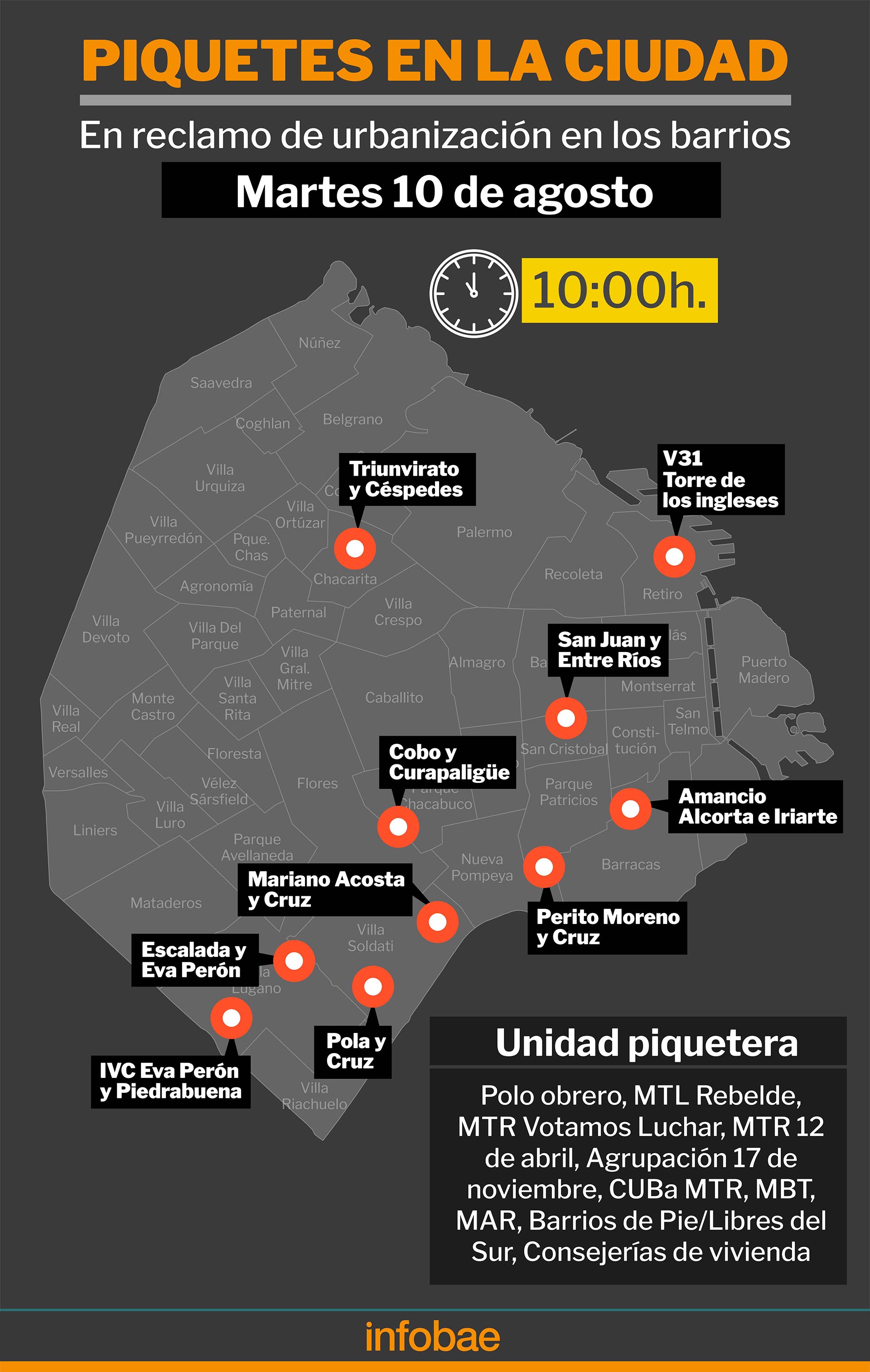 The map of the marches that the Piquetero Unit will lead