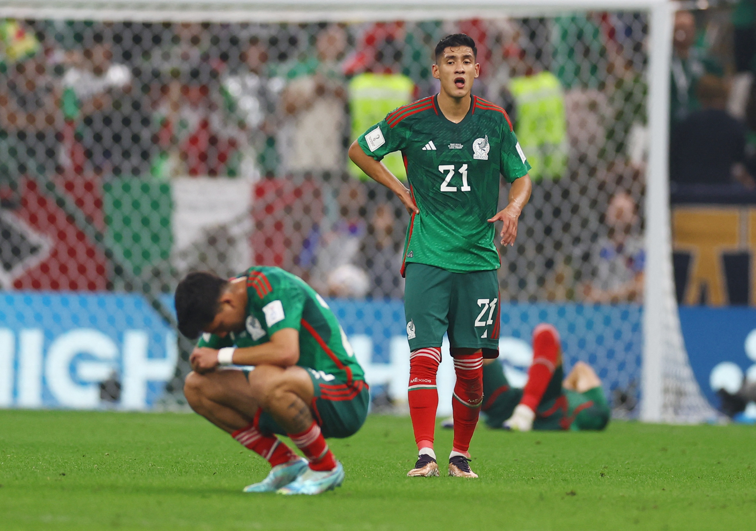 Soccer Football - FIFA World Cup Qatar 2022 - Group C - Saudi Arabia v Mexico - Lusail Stadium, Lusail, Qatar - November 30, 2022 Mexico's Uriel Antuna looks dejected after being eliminated from the World Cup REUTERS/Kai Pfaffenbach