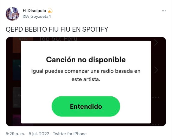Usuarios reaccionan ante eliminación de Mi Bebito Fiu Fiu de Spotify.