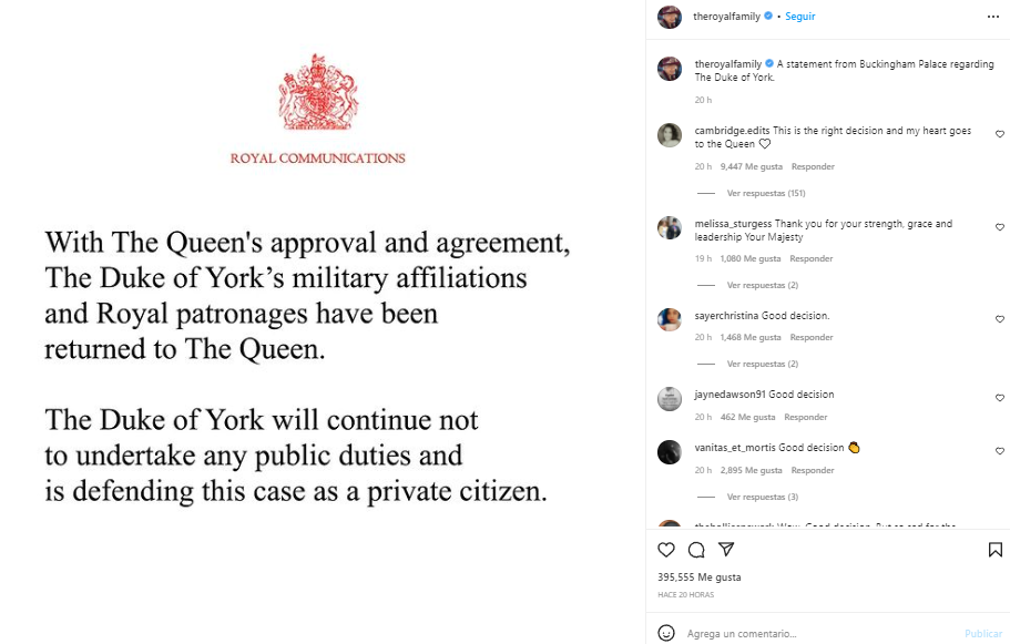 El comunicado oficial en el que anunciaron el retiro de Andrés de York de la monarquía (Foto: Instagram/@theroyalfamily)