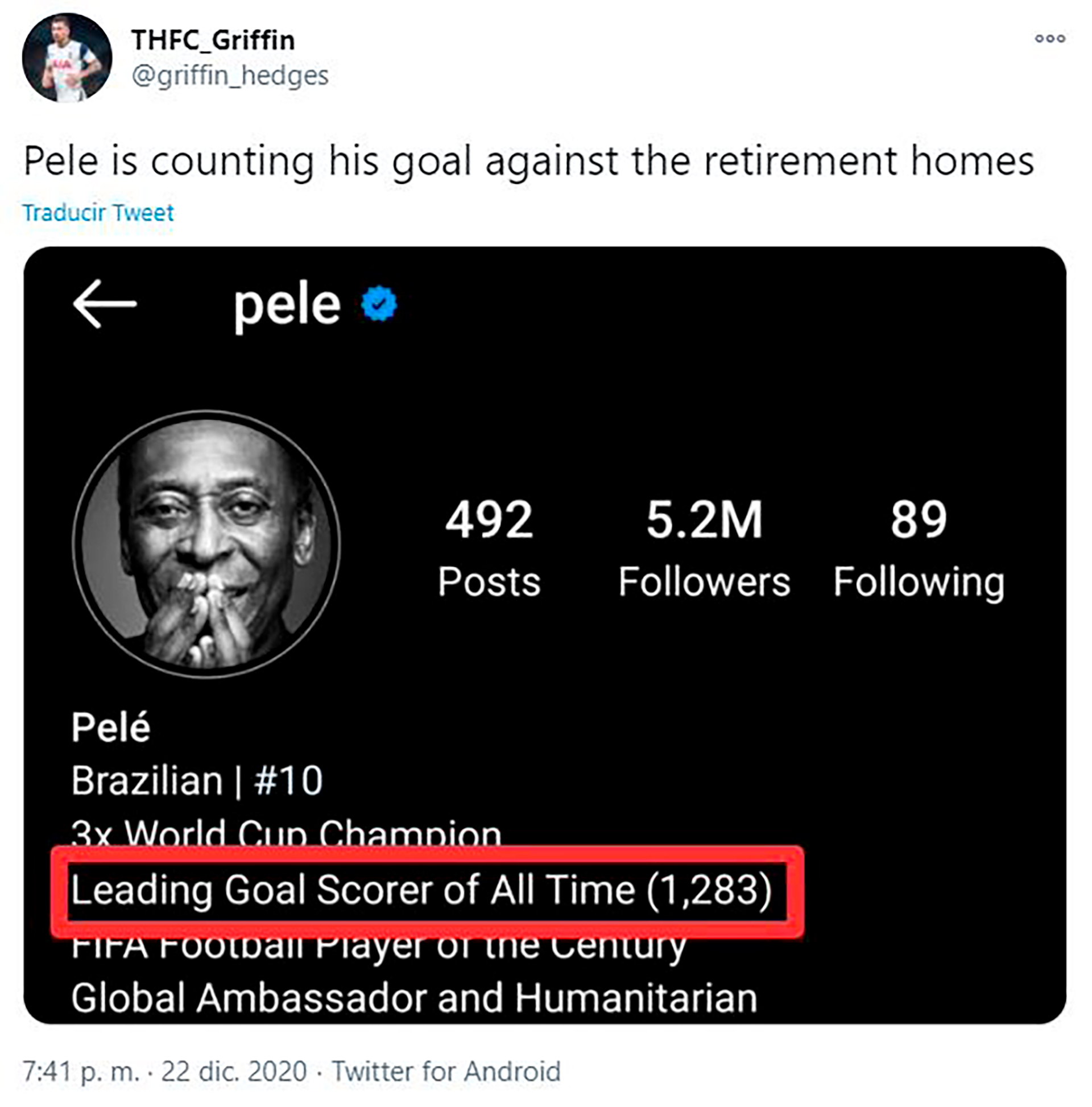 Otro fanático que apeló a la cuenta de Twitter de Pelé para burlarse. En ella dice que marcó 1.283 goles (claro, contando los marcados en los amistosos). "Pelé está contando los goles contra las casas de retiro", se burló el fan