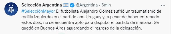 The statement of the Argentine team confirming the injury of Papu Gómez