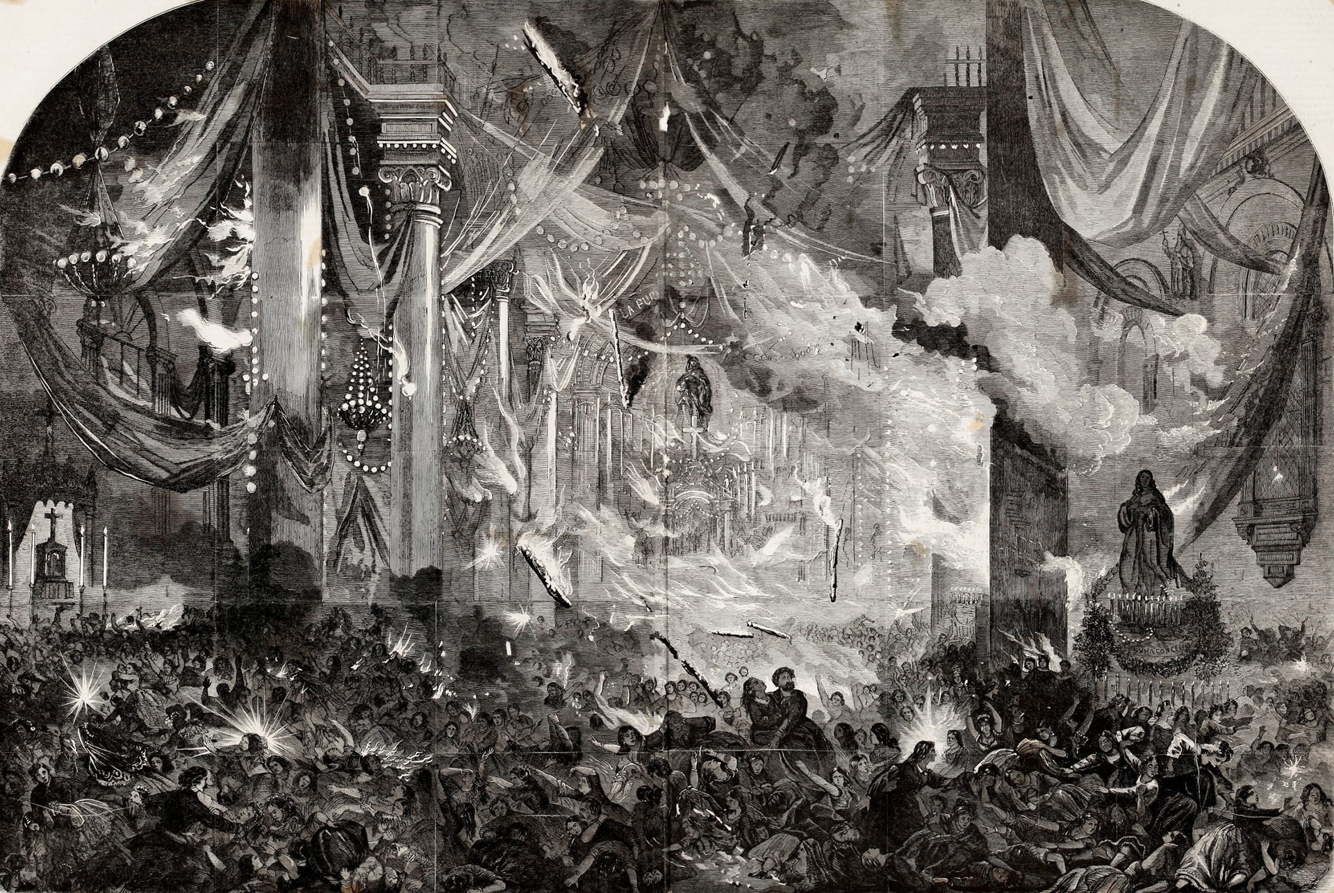 Dibujo aparecido en el Frank Leslie's Illustrated Newspaper del Incendio de la Iglesia de la Compañia de Jesús en Santiago de Chile