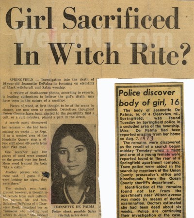 Noticia acusando brujería y satanismo detrás de la muerte de Jeannette DePalma. 