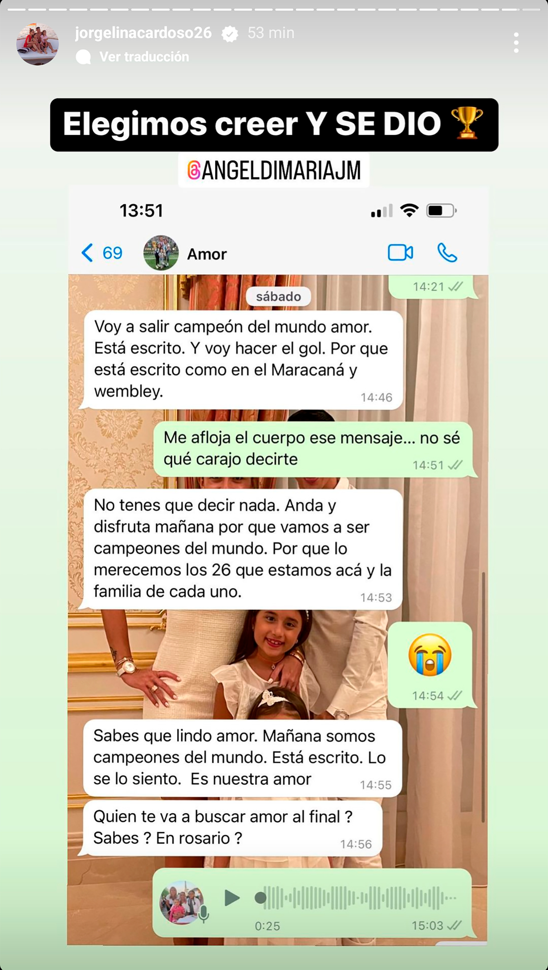 El chat de la conversación con Di María que compartió Jorgelina Cardoso a través de Instagram