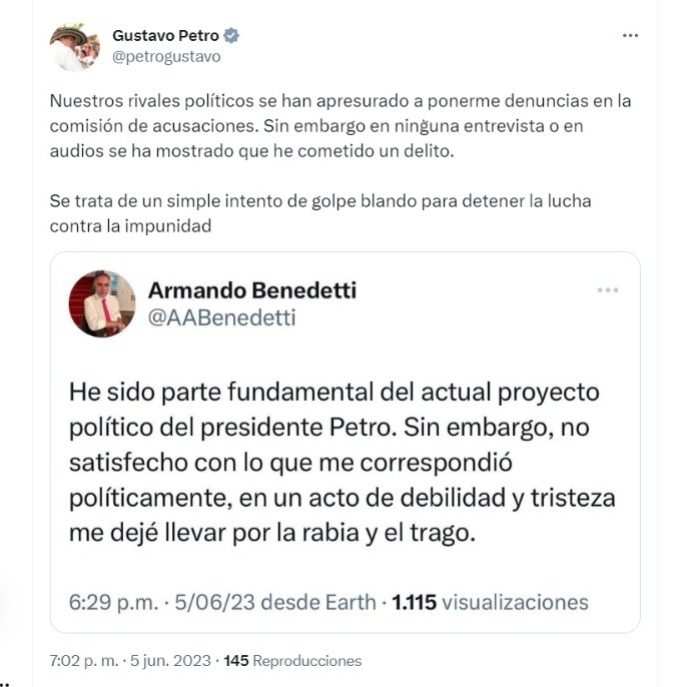 The President of the Republic, Gustavo Petro, spoke after the most recent tweet from the former Colombian ambassador to Venezuela, Armando Benedetti.  Photo @petrogustavo/Twitter