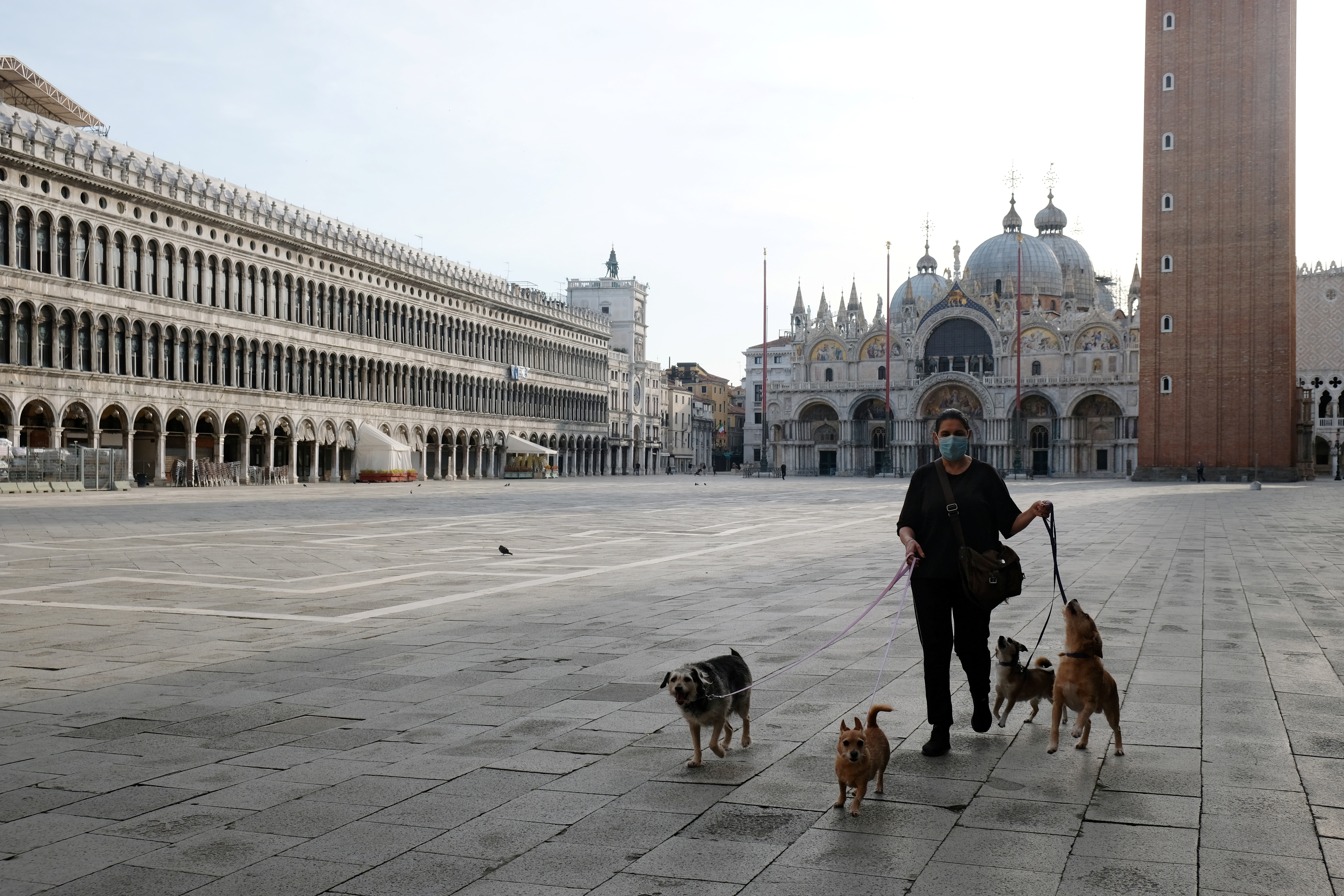 Una mujer en Venecia, con sus perros. La imagen es de mayo de este año. La pandemia generó algo así como nuevas clases de ciudadanía, por ejemplo quienes tienen perro y quienes no. (REUTERS/Manuel Silvestri)