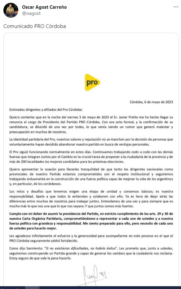 El comunicado del PRO tras el pase de Javier Pretto al peronismo cordobés