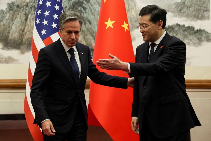 El secretario de Estado de EEUU, Antony Blinken, también se reunió con el ministro de Asuntos Exteriores de China, Qin Gang, en la Casa de Huéspedes del Estado Diaoyutai en Beijing (REUTERS/Leah Millis)