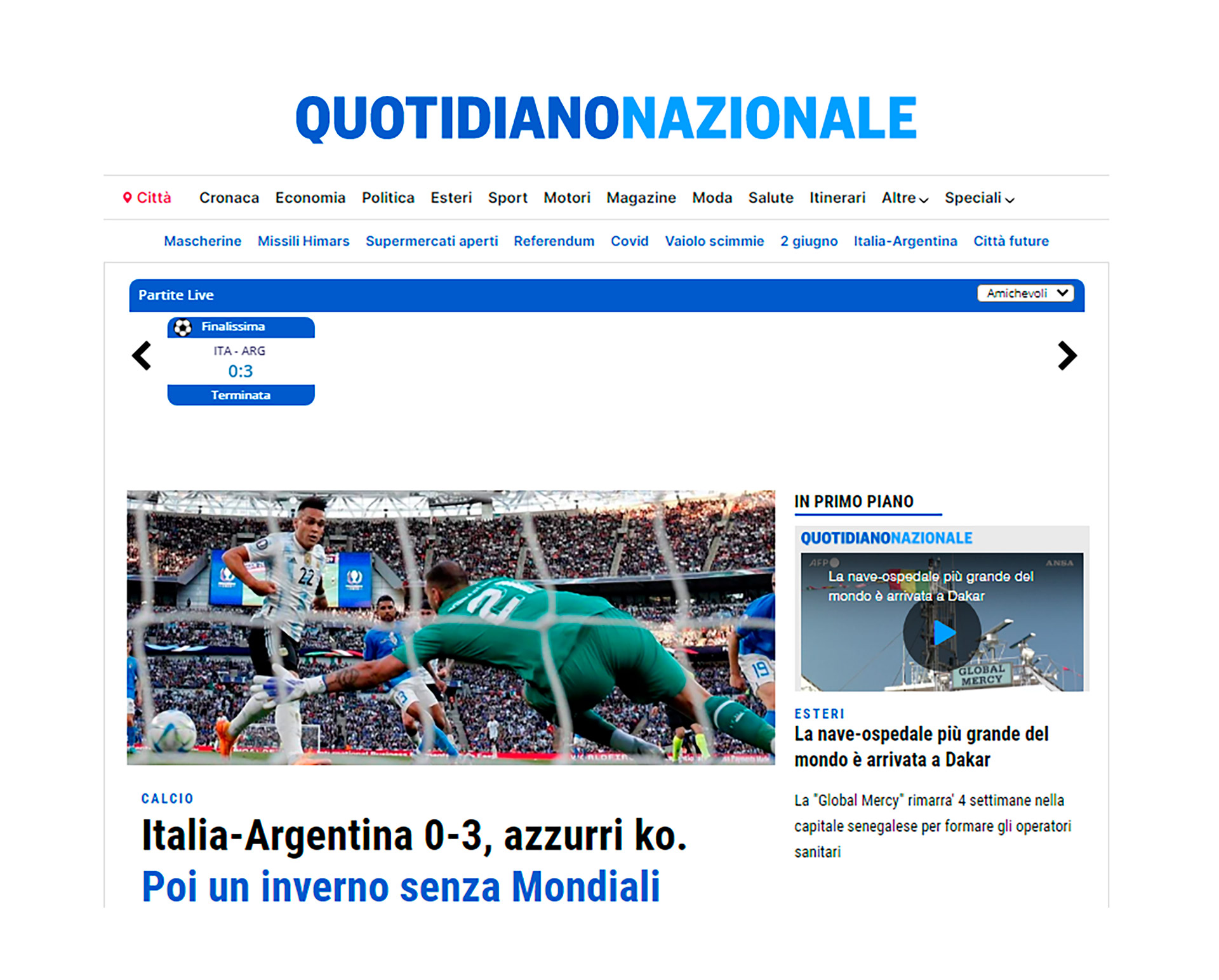 Italia-Argentina 0-3, Azzurri K.O. Luego un invierno sin la Copa del Mundo (Quotidiano Nazionale)