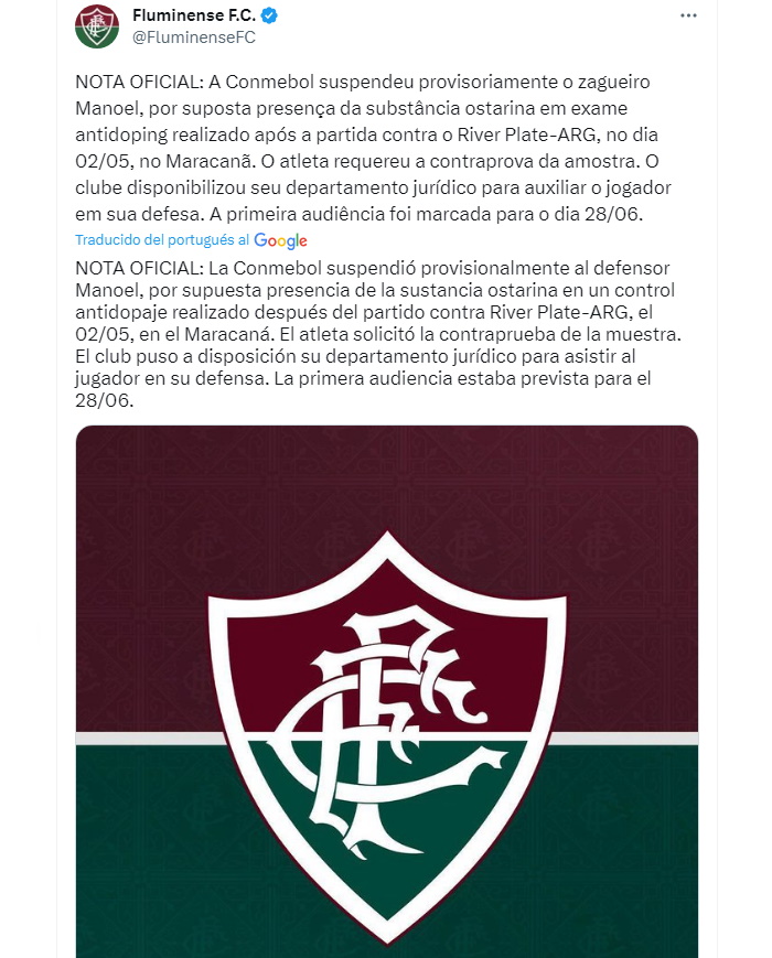 El comunicado del Fluminense por el caso de doping positivo del defensor Manoel