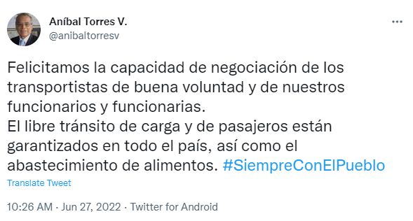 Jefe de Gabinete, Aníbal Torres se pronuncia sobre huelga de transportistas de carga pesada.