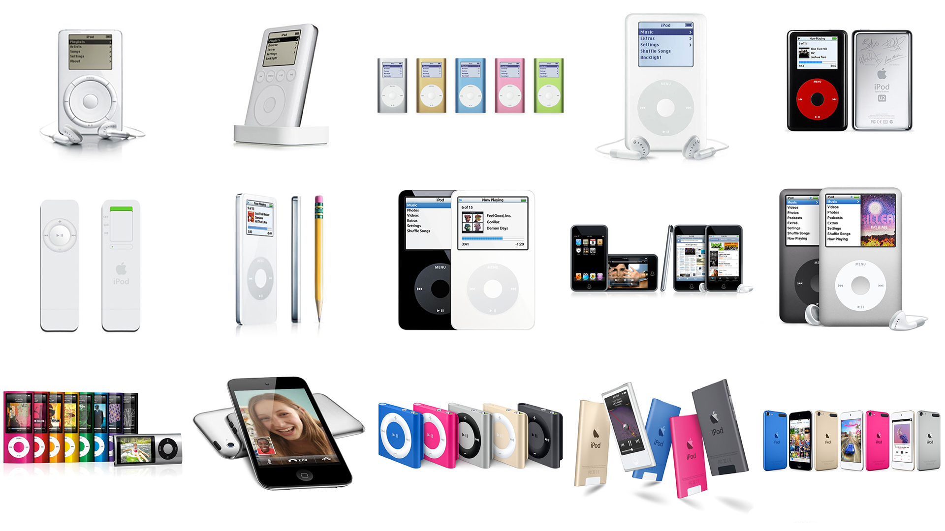 Ulike versjoner av iPod gjennom årene