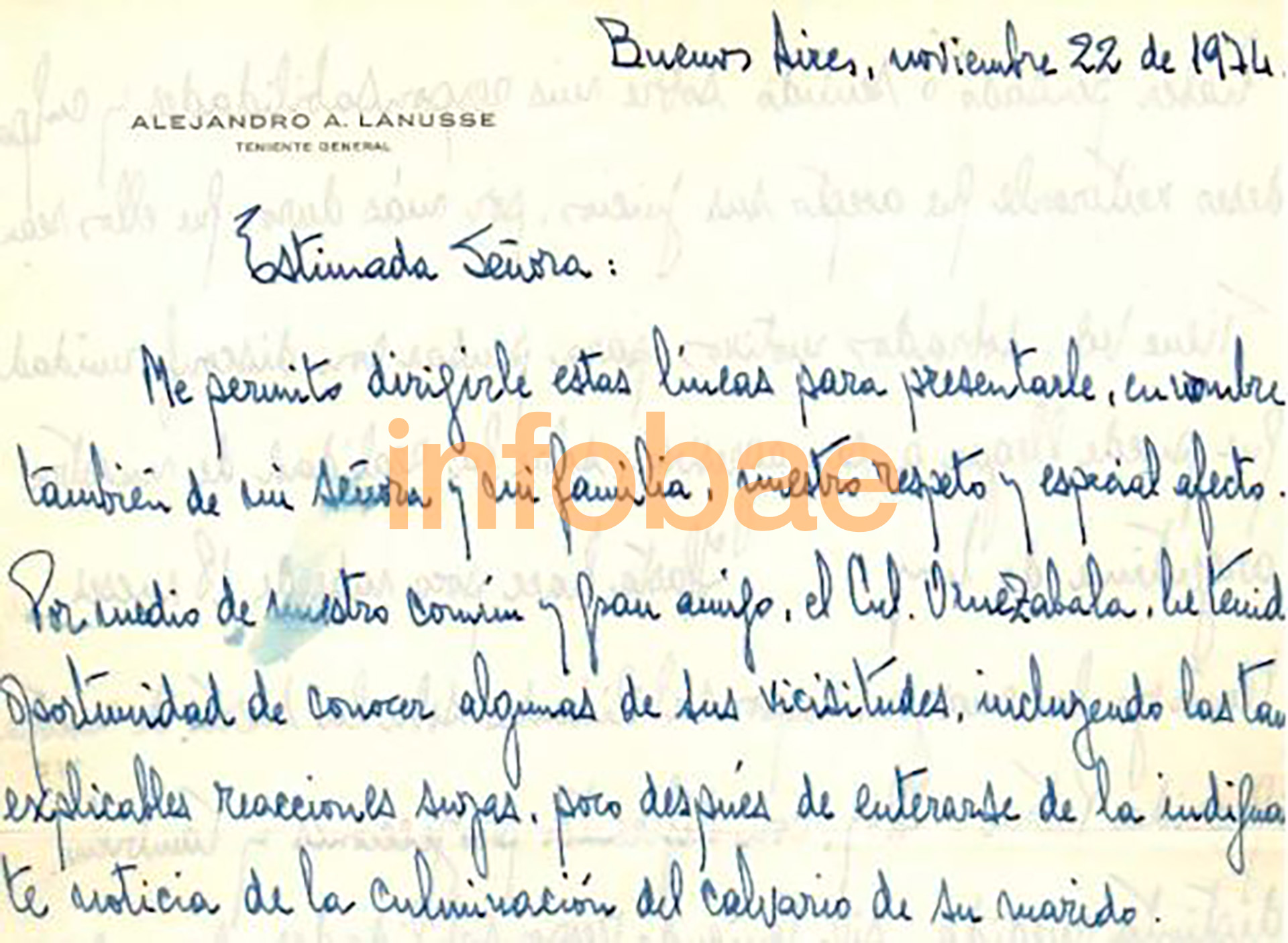 Carta de Lanusse a la esposa de Ibarzábal