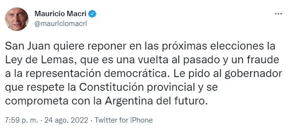 Tweet de Macri cuestionando la Ley de Lemas y pidiendo que se respete la Constitución provincial.