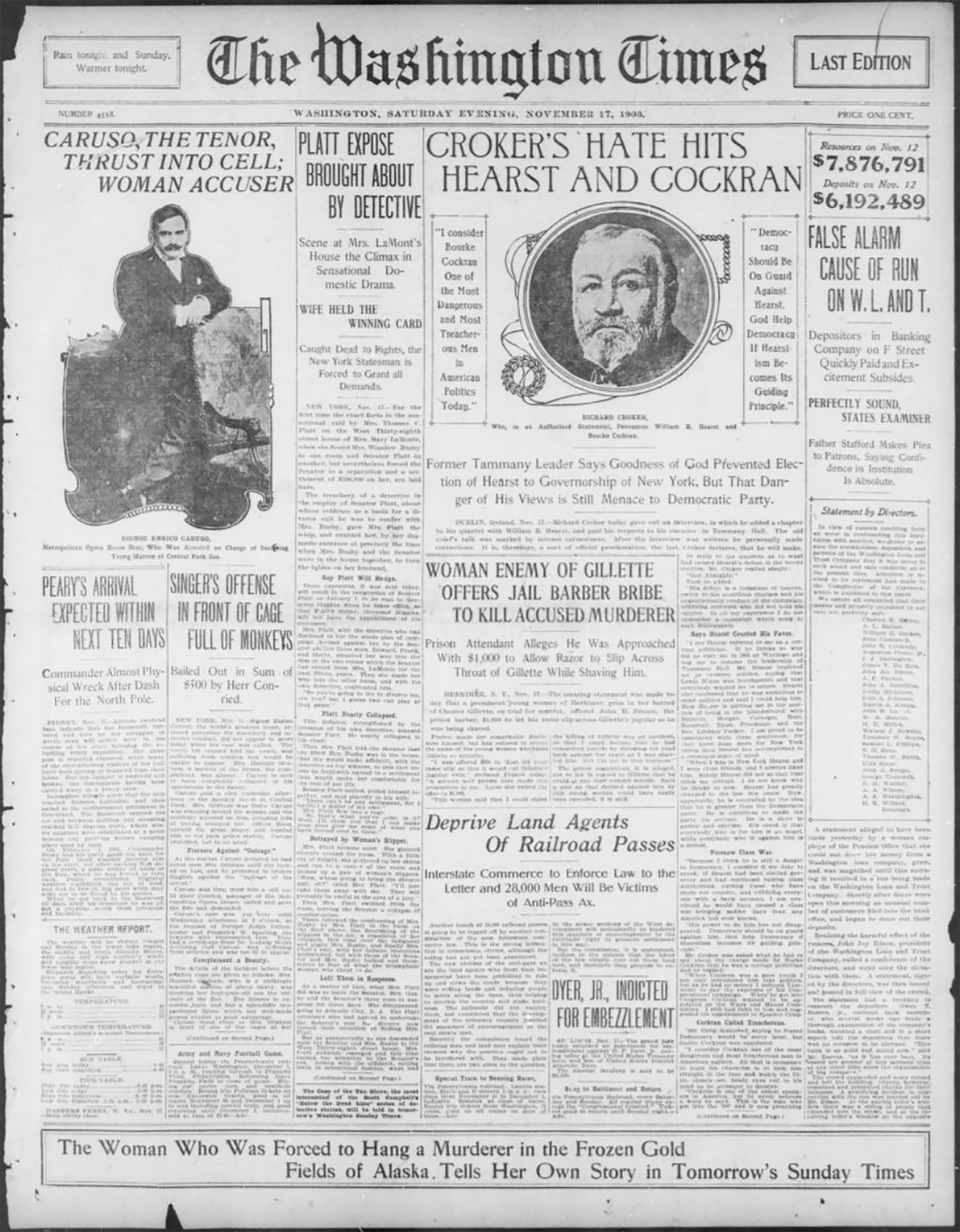 Portada del periódico The Washington Times del 17 de noviembre de 1906, con la información del arresto de Caruso (Foto: Library of Congress, Estados Unidos)
