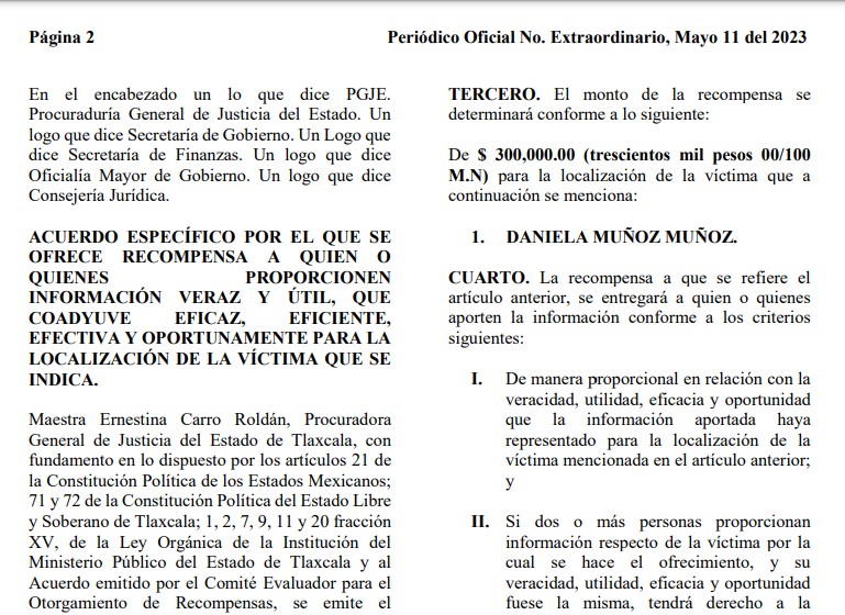 PGJE ofrece una recompensa de 300 mil pesos, a quien aporte información para dar con el paradero de Daniela Muñoz Muñoz, desaparecida en septiembre de 2020.
(Captura de pantalla)