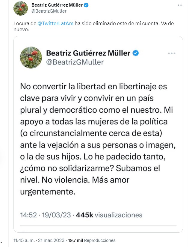 Beatriz Gutiérrez Müller en Twitter (captura)