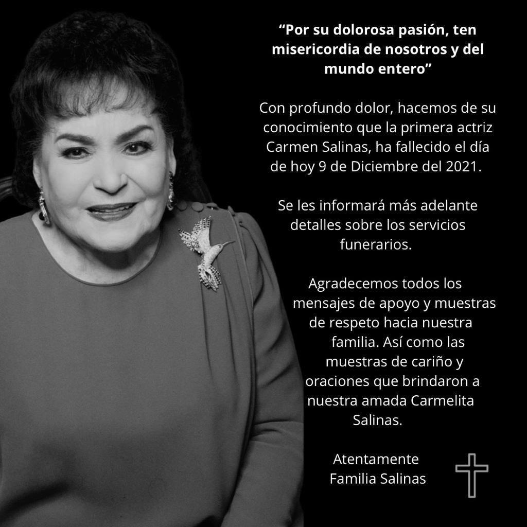 La noche de este 9 de diciembre la familia Salinas anunció la muerte de la actriz (Foto: Twitter)