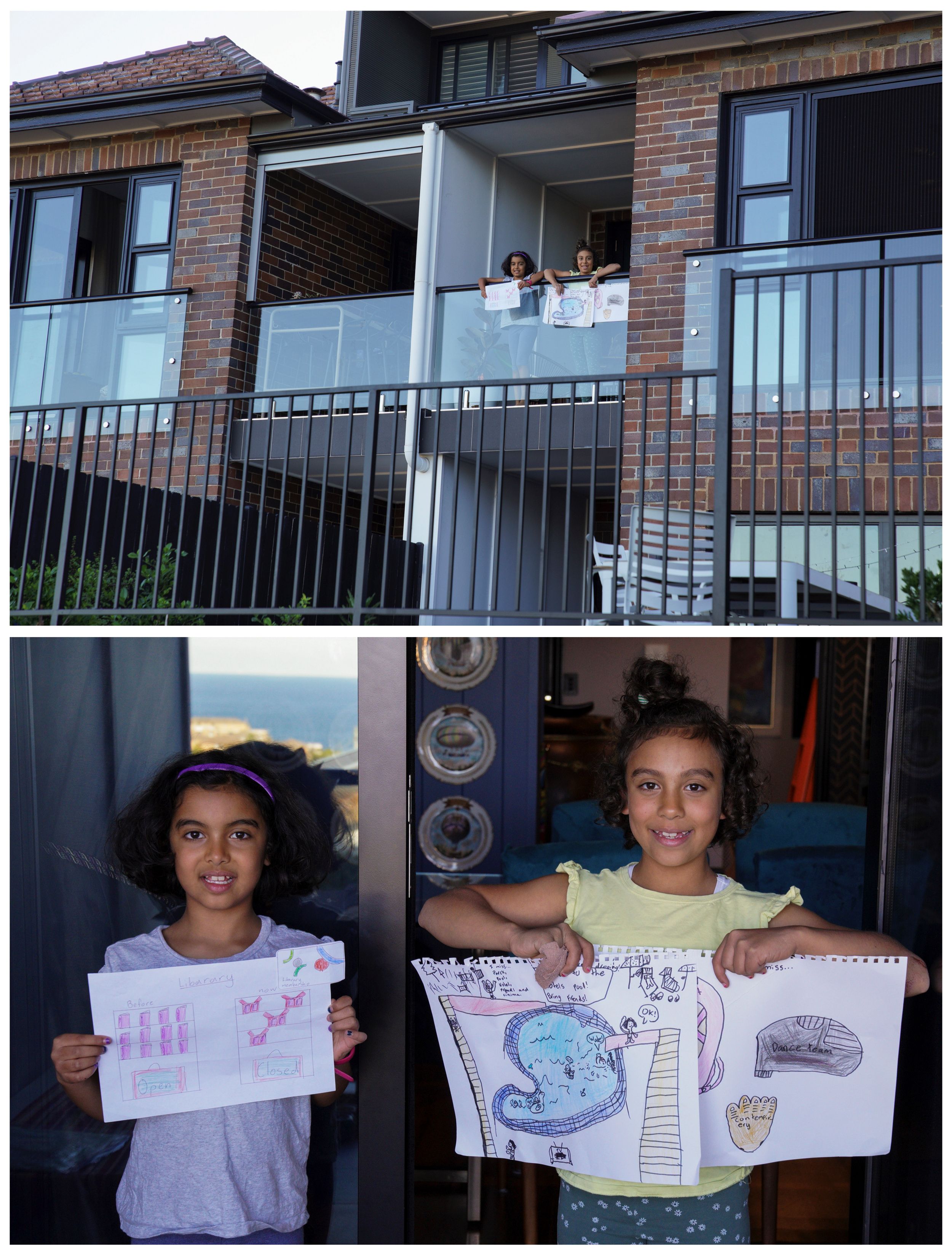 Oriana Ikladious, 8, y Rafaela Ikladious, 8, en el balcón de su casa en Sídney, Australia, el 18 de abril de 2020. Oriana dijo: