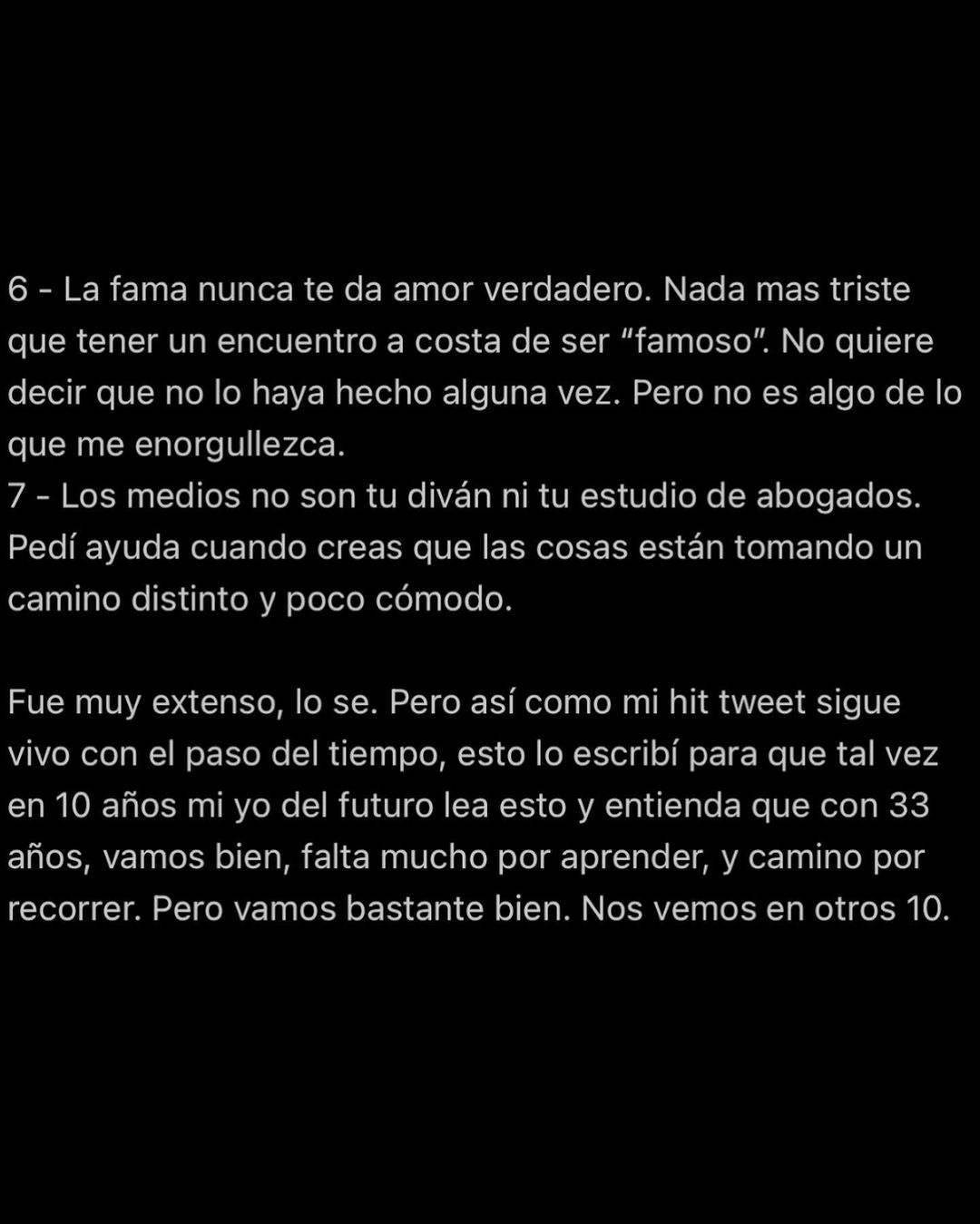 Las últimas dos apreciaciones de Fede Bal y su explicación del deseo de volver a leerlas dentro de 10 años (Instagram)