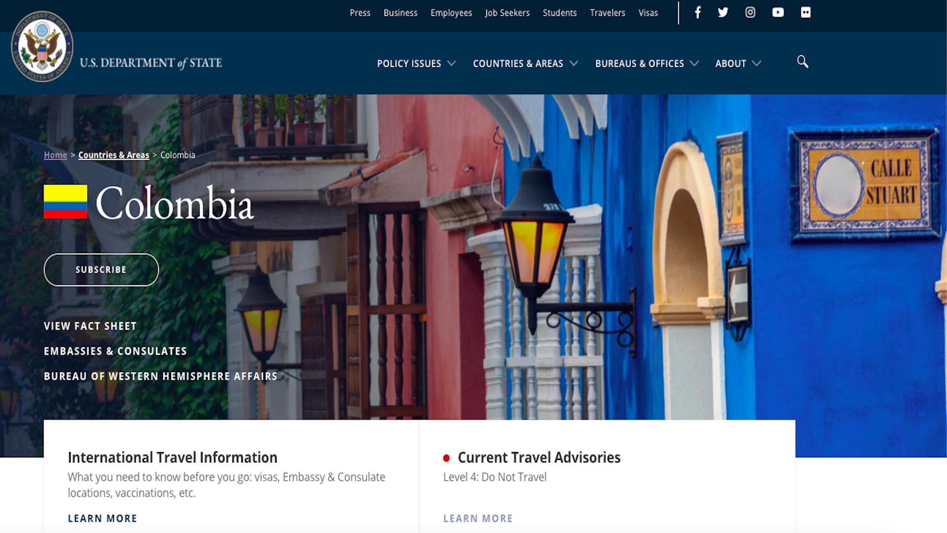 Alerta nivel 4 del Departamento de Estado de Estados Unidos para evitar viajar a Colombia / (www.state.gov).
