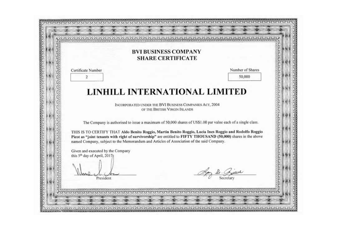 El certificado accionario que identifica a los Roggio como dueños de Linhill en BVI