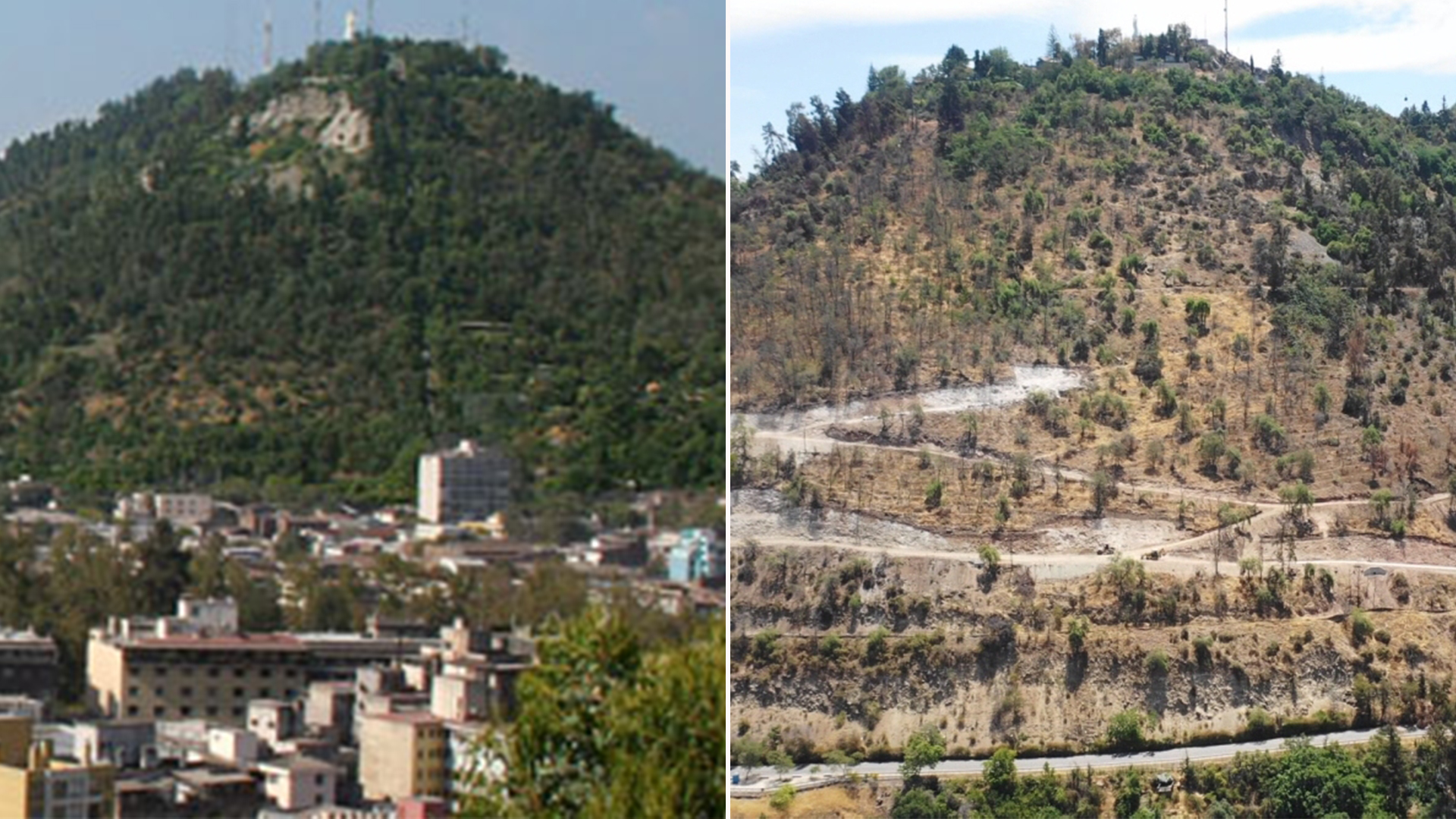 El cerro San Cristóbal es considerado el pulmón verde de la capital chilena.  Una foto revela cómo se ha deteriorado la vegetación del lugar en los últimos 10 años