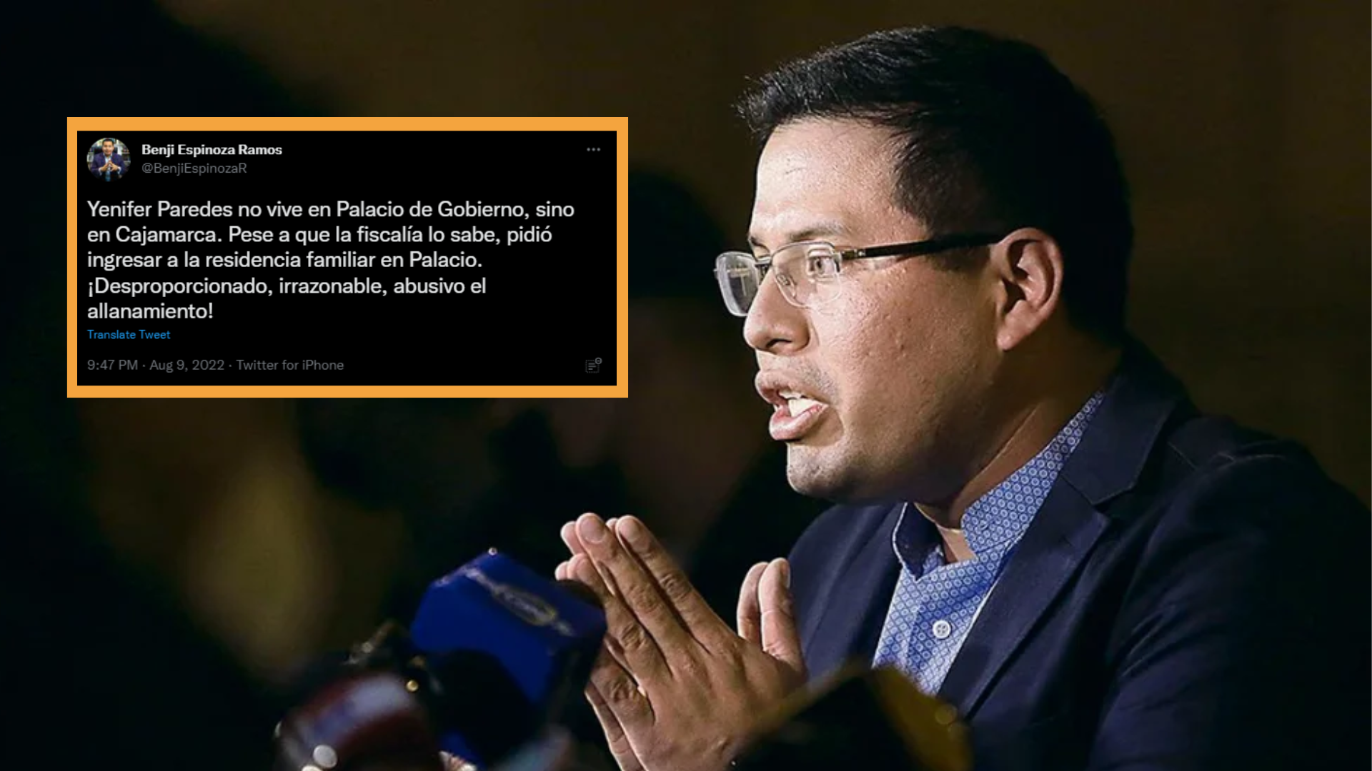 Benji Espinoza califica de “abusivo” y “desproporcionado” la diligencia contra Yenifer Paredes