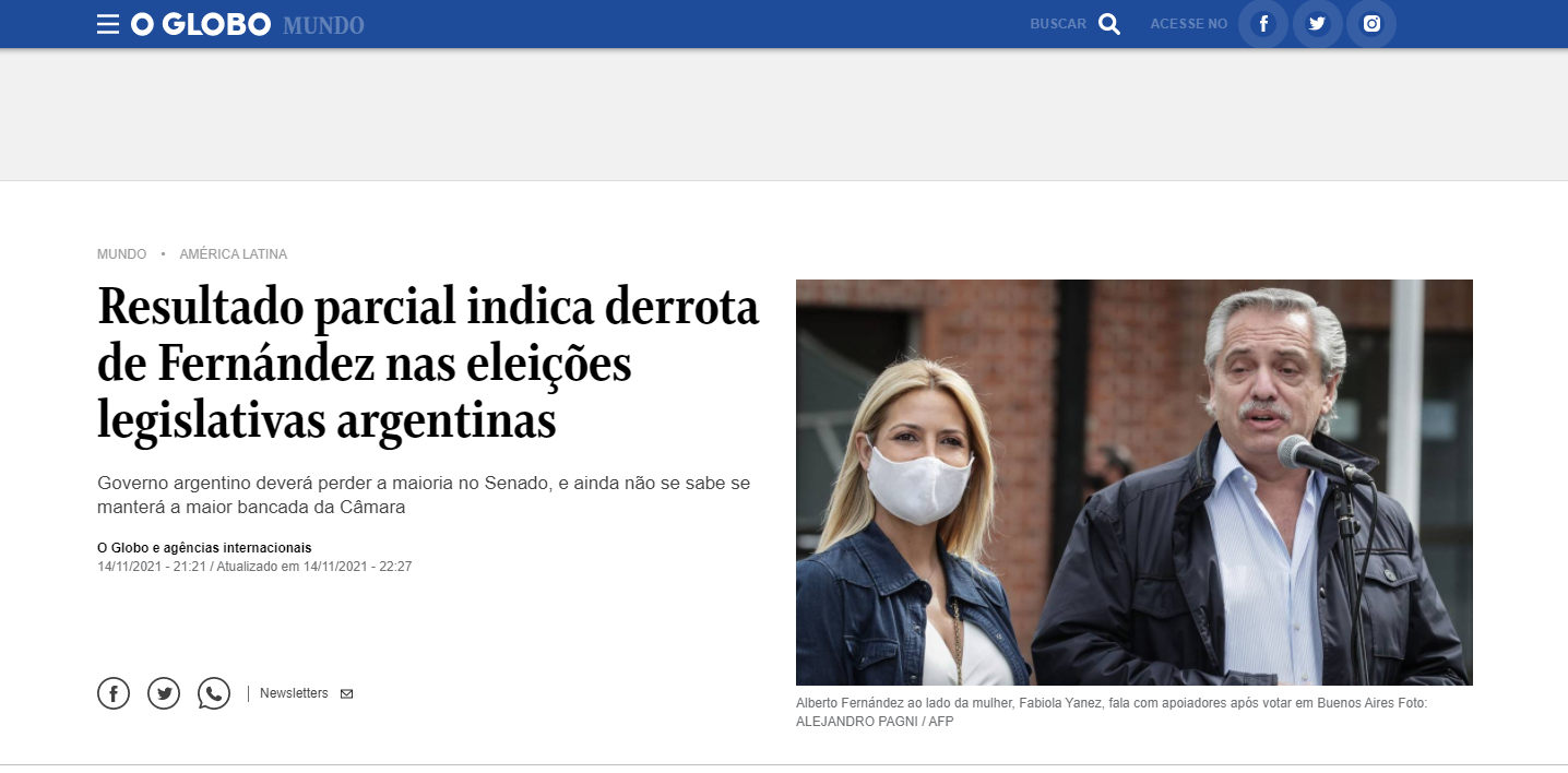 El medio brasileño O Globo informó sobre los resultados de Argentina