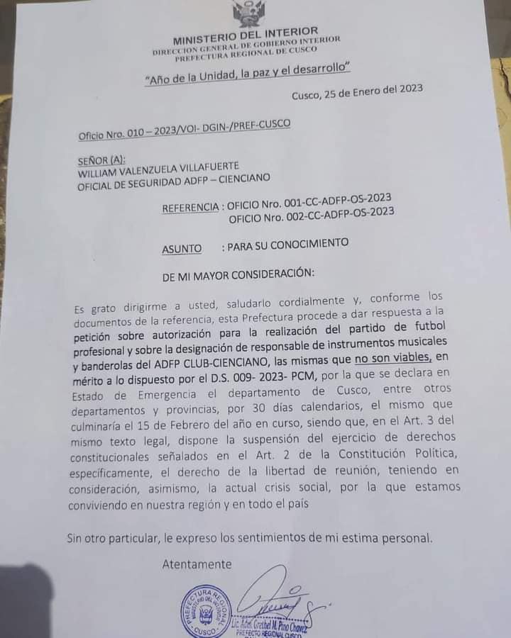 Prefectura del Cusco negó garantías para partidos de este fin de semana.