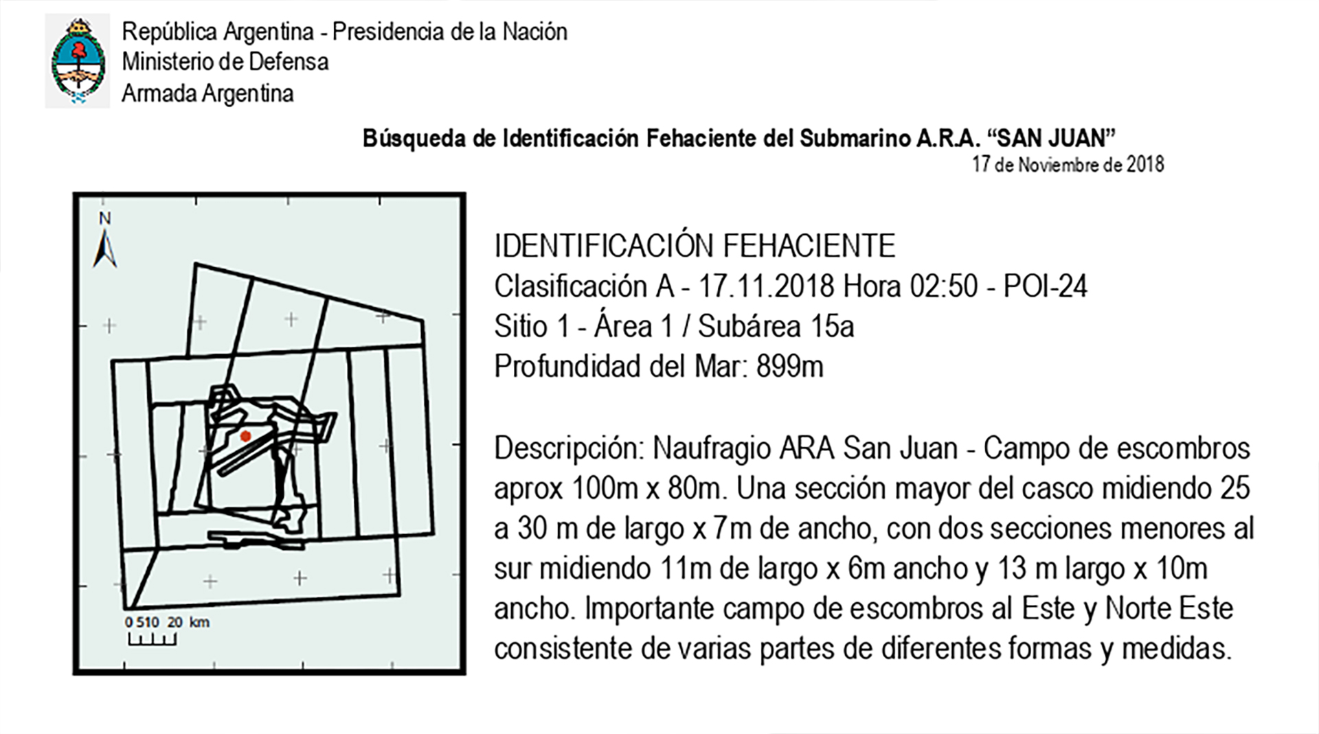 La descripción del hallazgo y el área donde se encuentran diseminados los restos del ARA San Juan