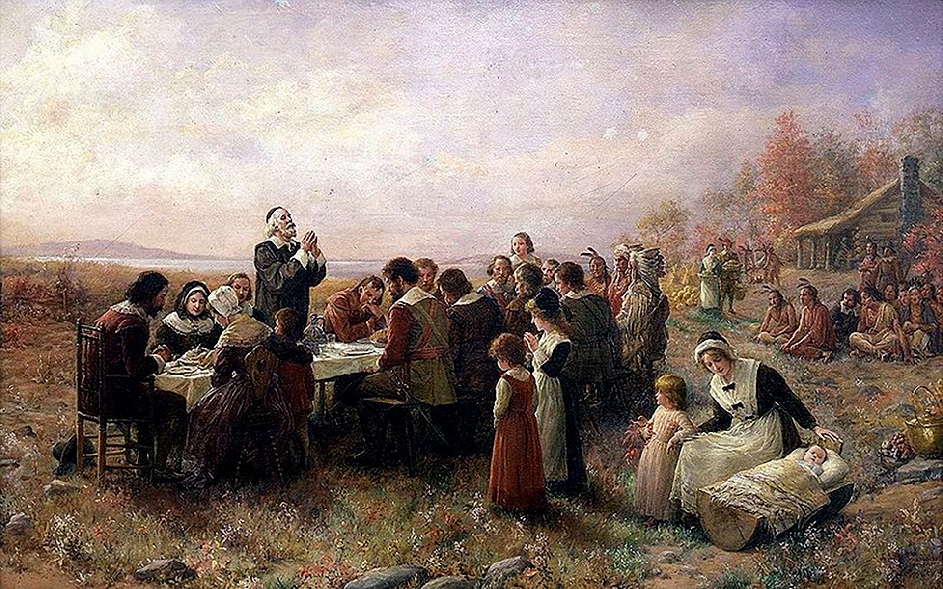 Representación del Primer Día de Acción de Gracias, en Plymouth, por Jennie A. Brownscombe (Wikimedia Commons)