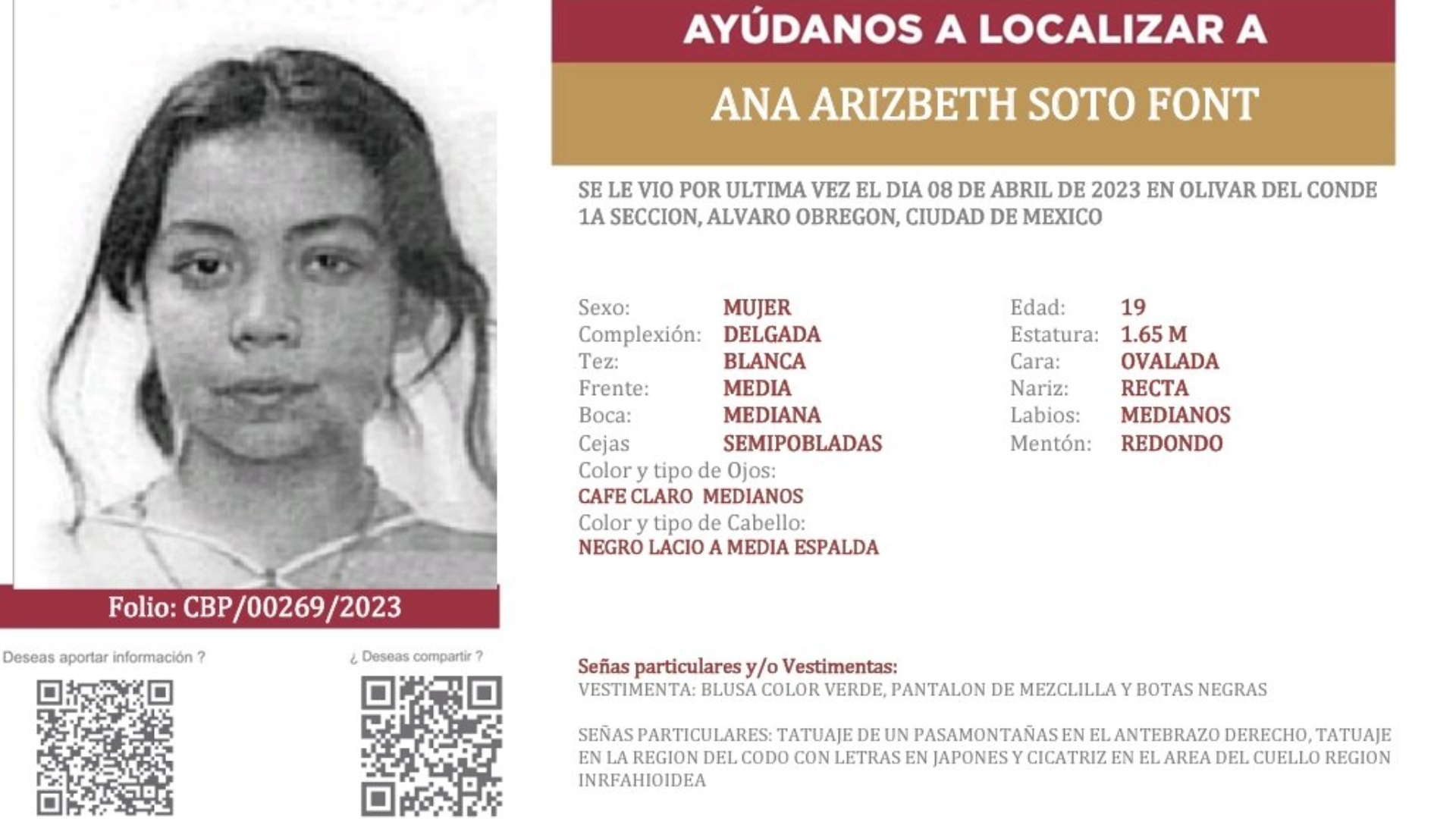 Search sheet for Ana Arizbeth Soto.  (CDMX Government)